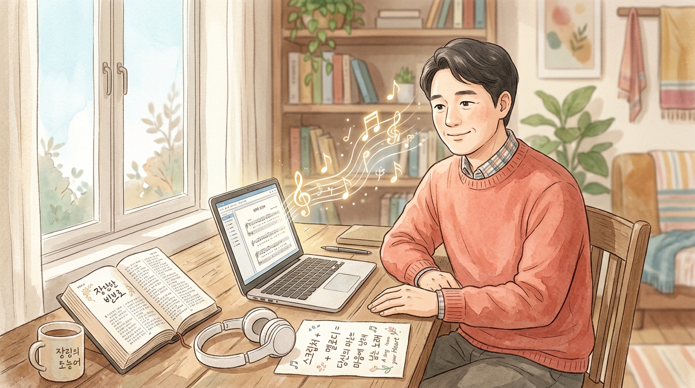 강의 인트로 — 사역자가 노트북 앞에서 성경 본문을 음악으로 만드는 장면